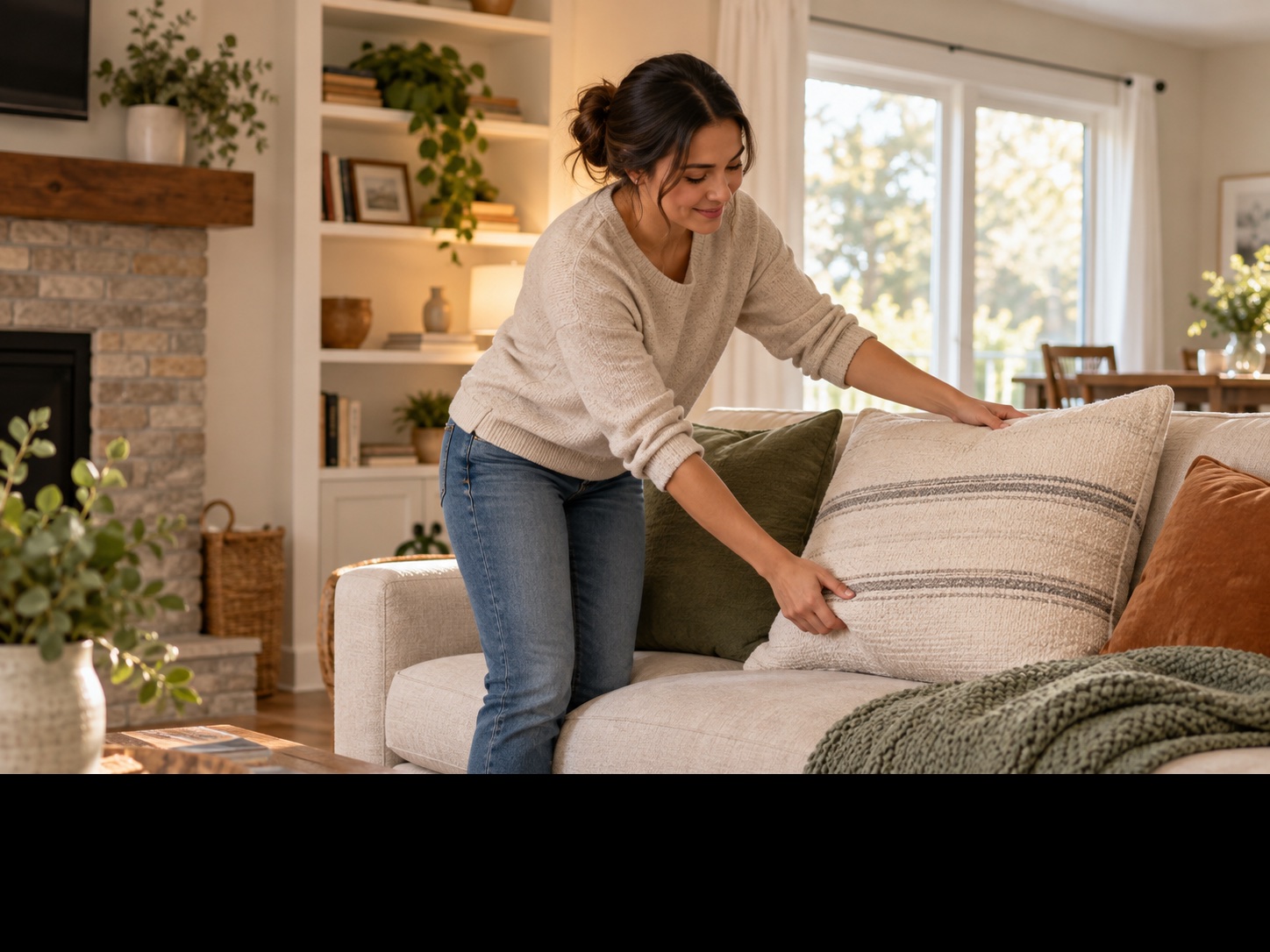 A person straightening cushions in a comfortable living room