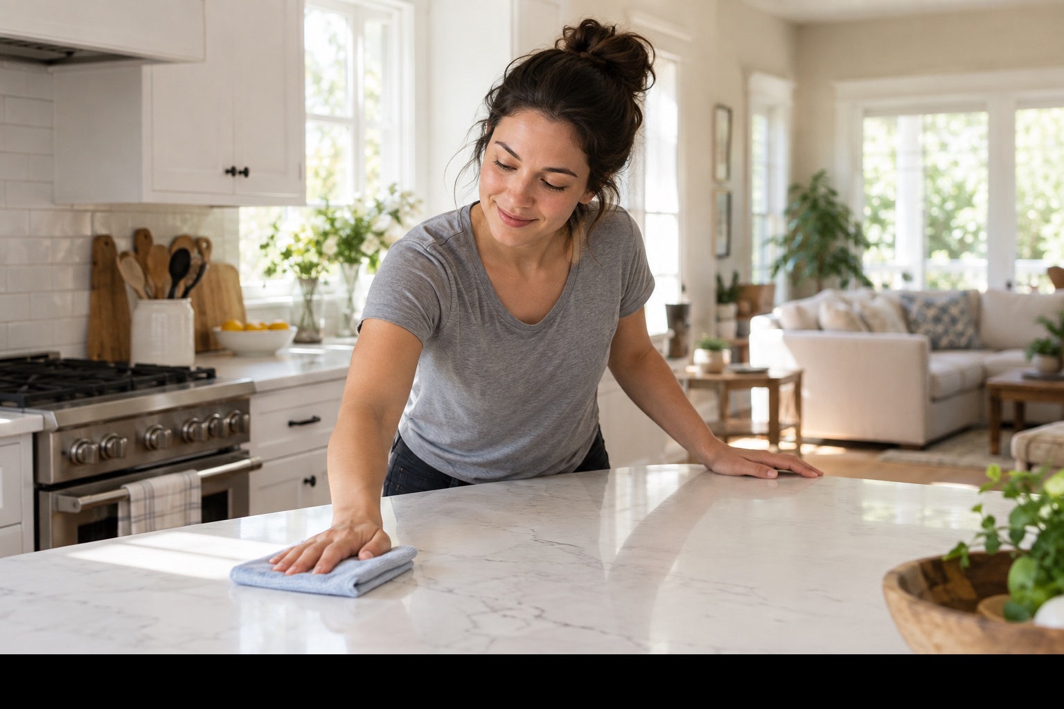 A cleaner wiping a kitchen island in a sunlit home