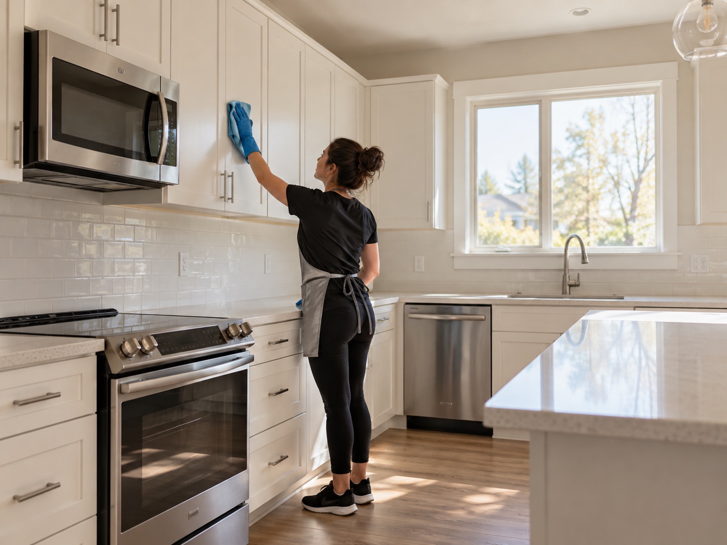 A cleaner wiping cabinets in an empty kitchen